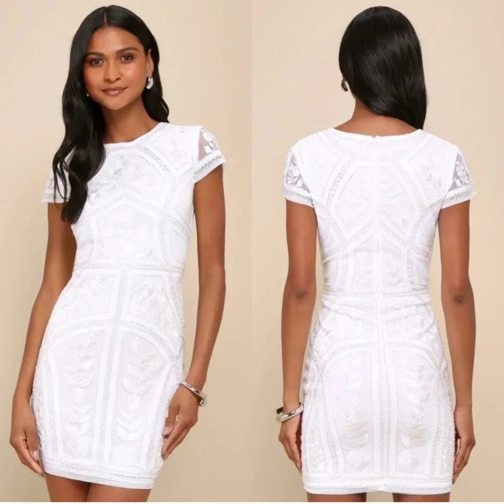Lulu's White Embroidered sequin Mini Dress Large